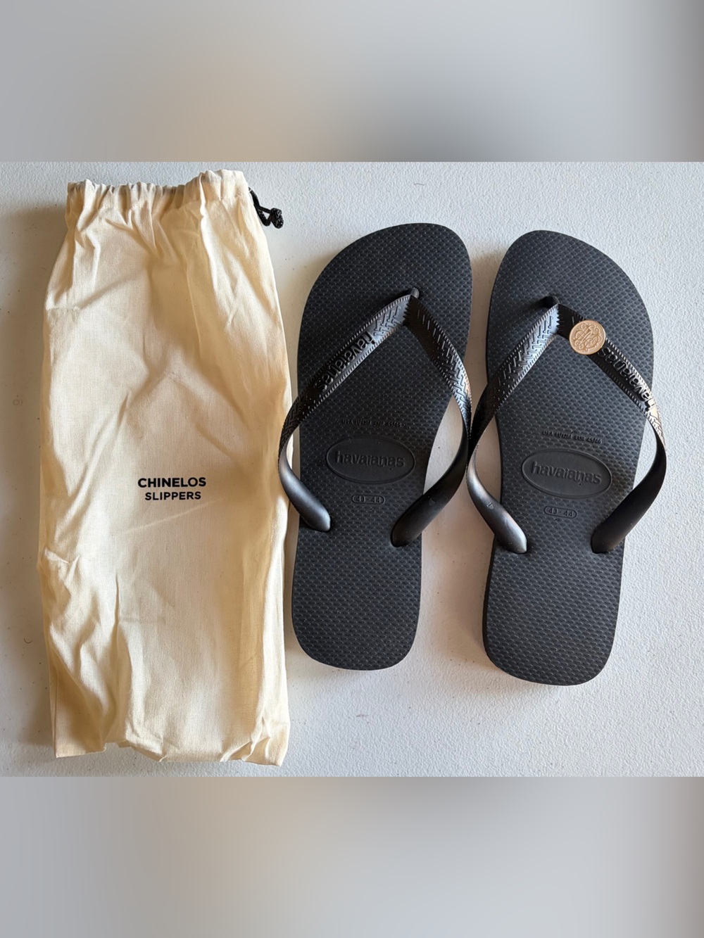 Belmond Luxury Hotel Logo Havaianas Black Flip Flops with Canvas Dust Bag